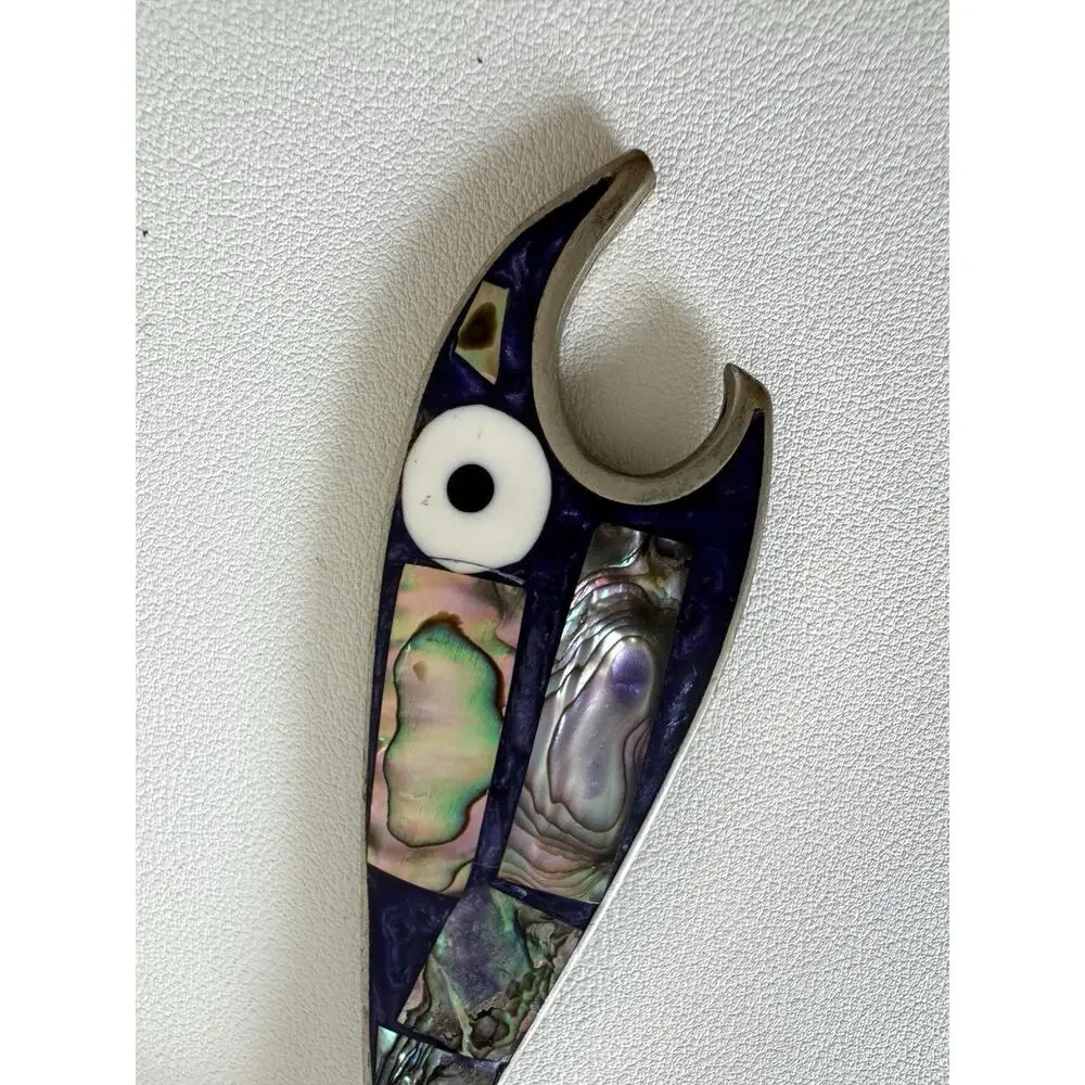 Vintage Abalone Fish Bottle Opener Alpaca Silver Frame Mid Century Modern MCM
